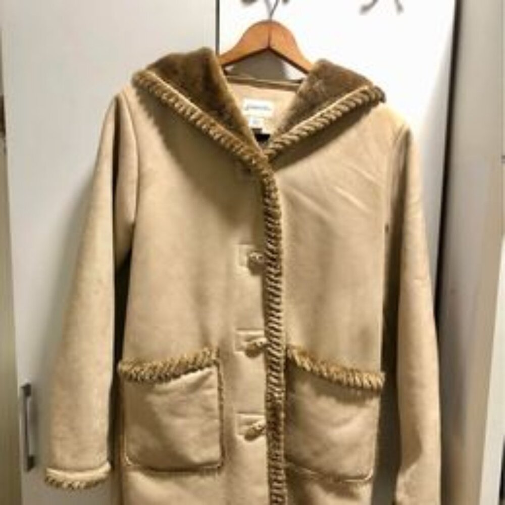 St. Johns Bay Womens Washable Suede Hooded Coat Size Small Faux Fur Lined Warm